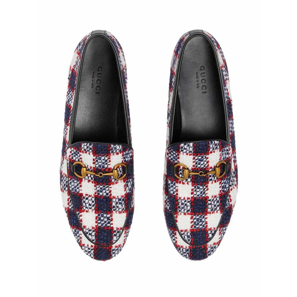 Gucci New Jordaan Blue Red White Black Tweed Check Loafer Mule Slipper Flat 38.5 - Picture 8 of 14
